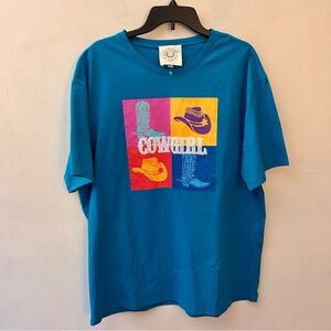 Fantastic Fawn teal Cowgirl graphic t’shirt with white sequins size Large